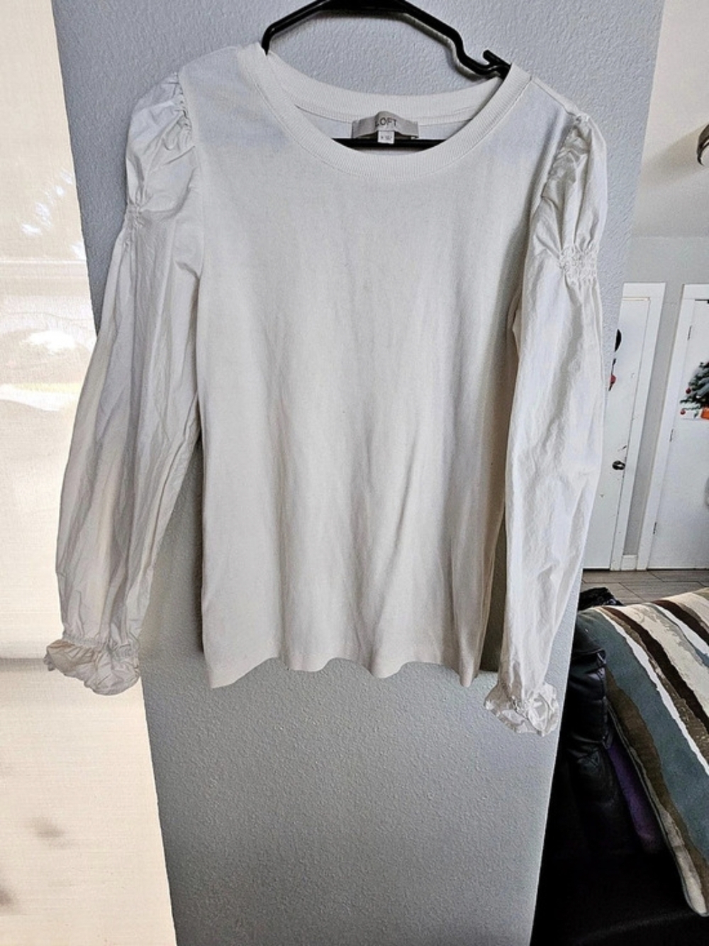 LOFT Ribbed Long Sleeve Puff Sleeve Top White Sizem